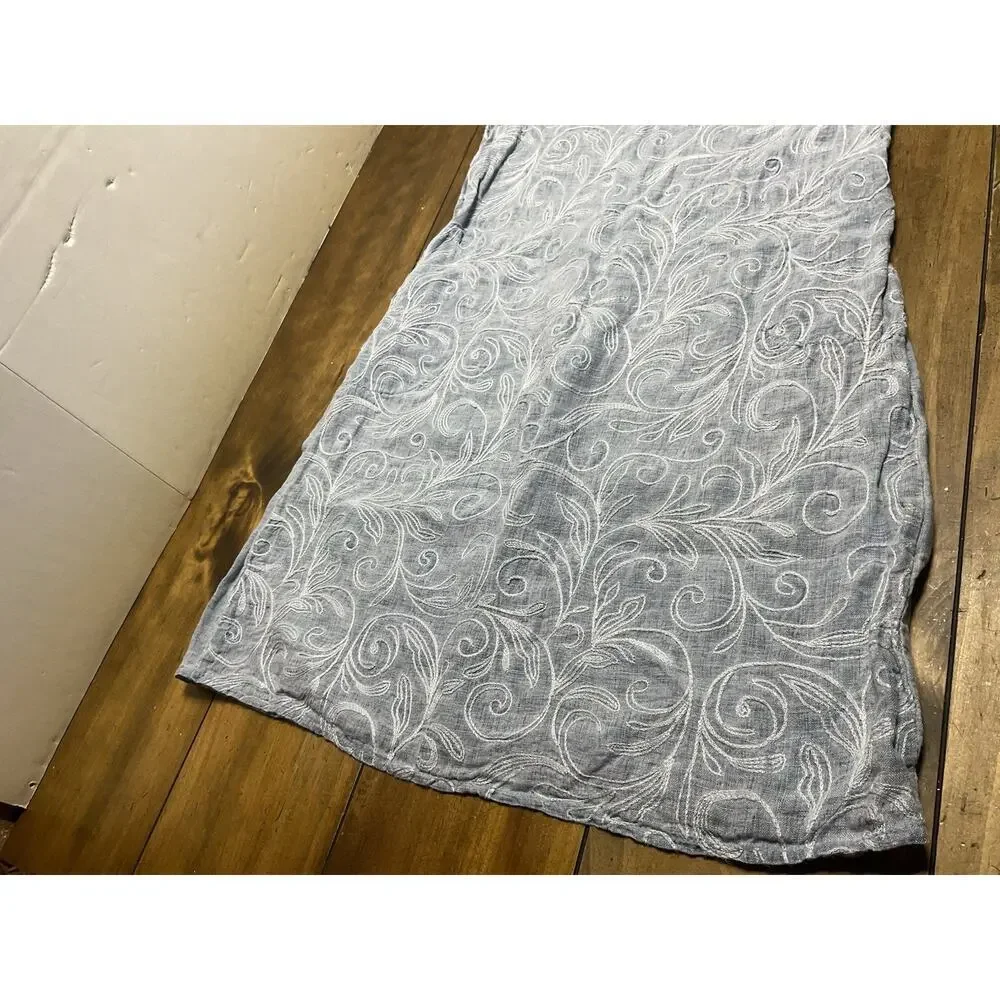 LINA TOMEI Chambray Blue Coastal Embroidered 100% Linen Dress Large Italy - Picture 5 of 11